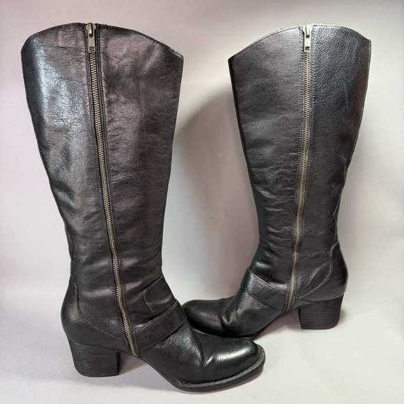 Born Shaylee Black Leather Tall Buckle Heeled Knee-High Boots - Picture 3 of 16